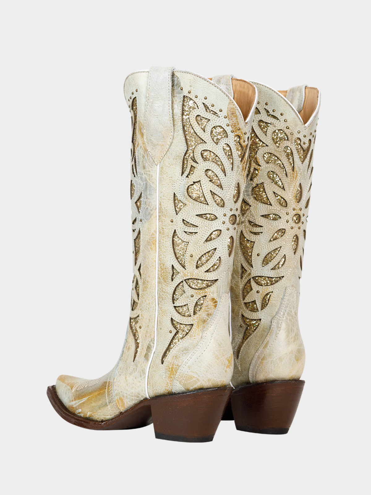 Distressed Ivory Snip-Toe Studded Embroidery Glitter Inlay Wide Mid Calf Tall Cowgirl Boots