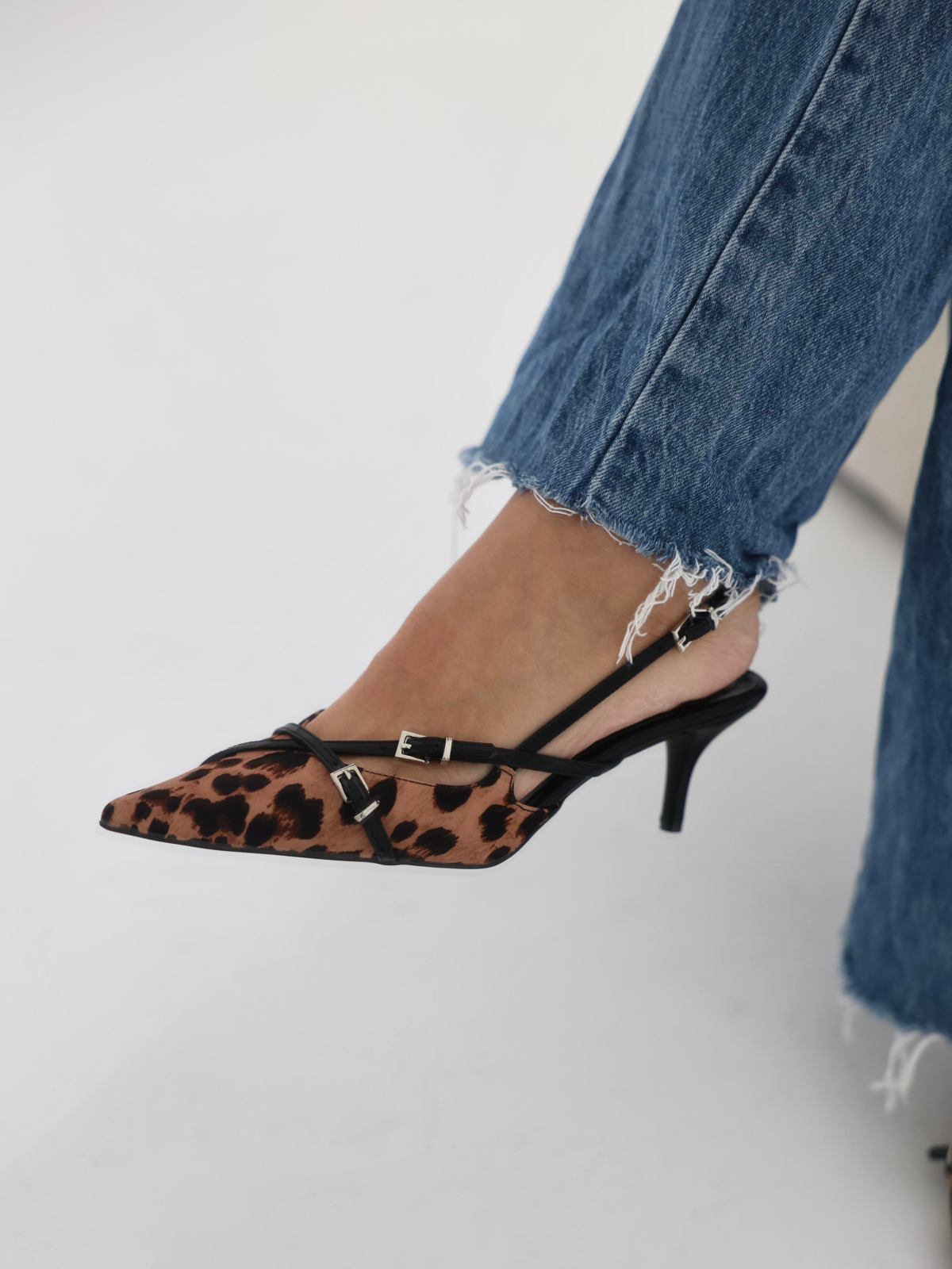 Leopard Satin Kitten Heels Slingback Pumps With Crossed Buckled Strap