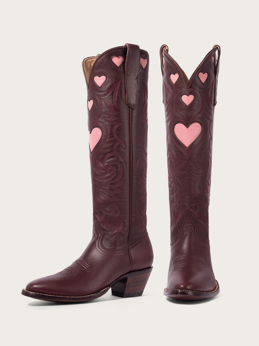 Pink Heart Inlay Embroidered Wide Calf Cowgirl Tall Boots In Dark Burgundy