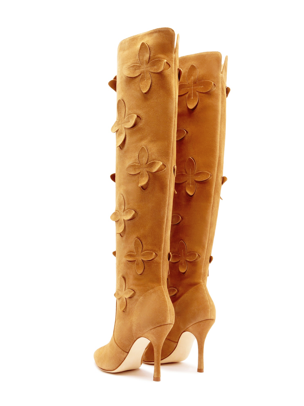 Tan Faux Suede Pointed-Toe Floral Applique Wide Calf Over-The-Knee Tall Stiletto Boots