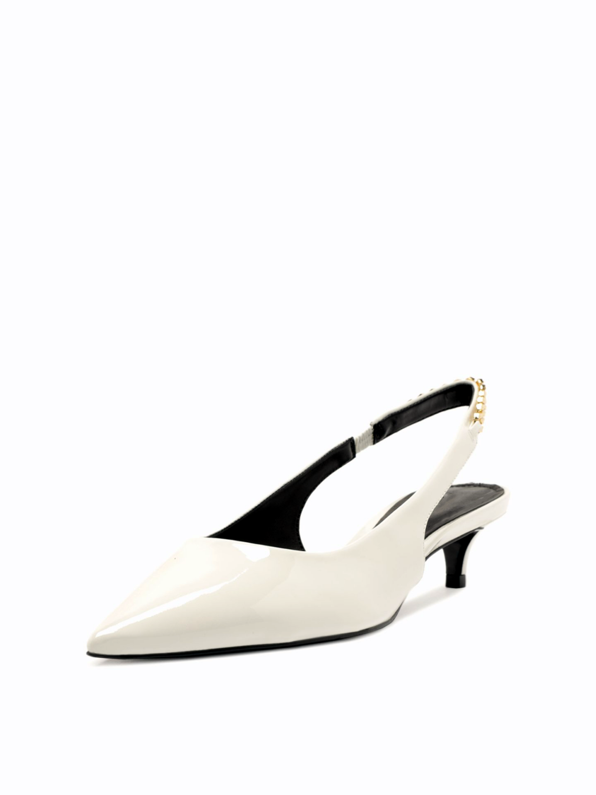 White Patent Pointy Kitten Heels Slingback Pumps With Chain Back Strap