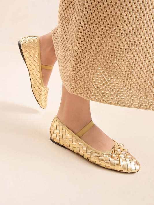 Metallic Gold Woven Bow Round-Toe Ballerina Flats Mary Janes With Elastic Band