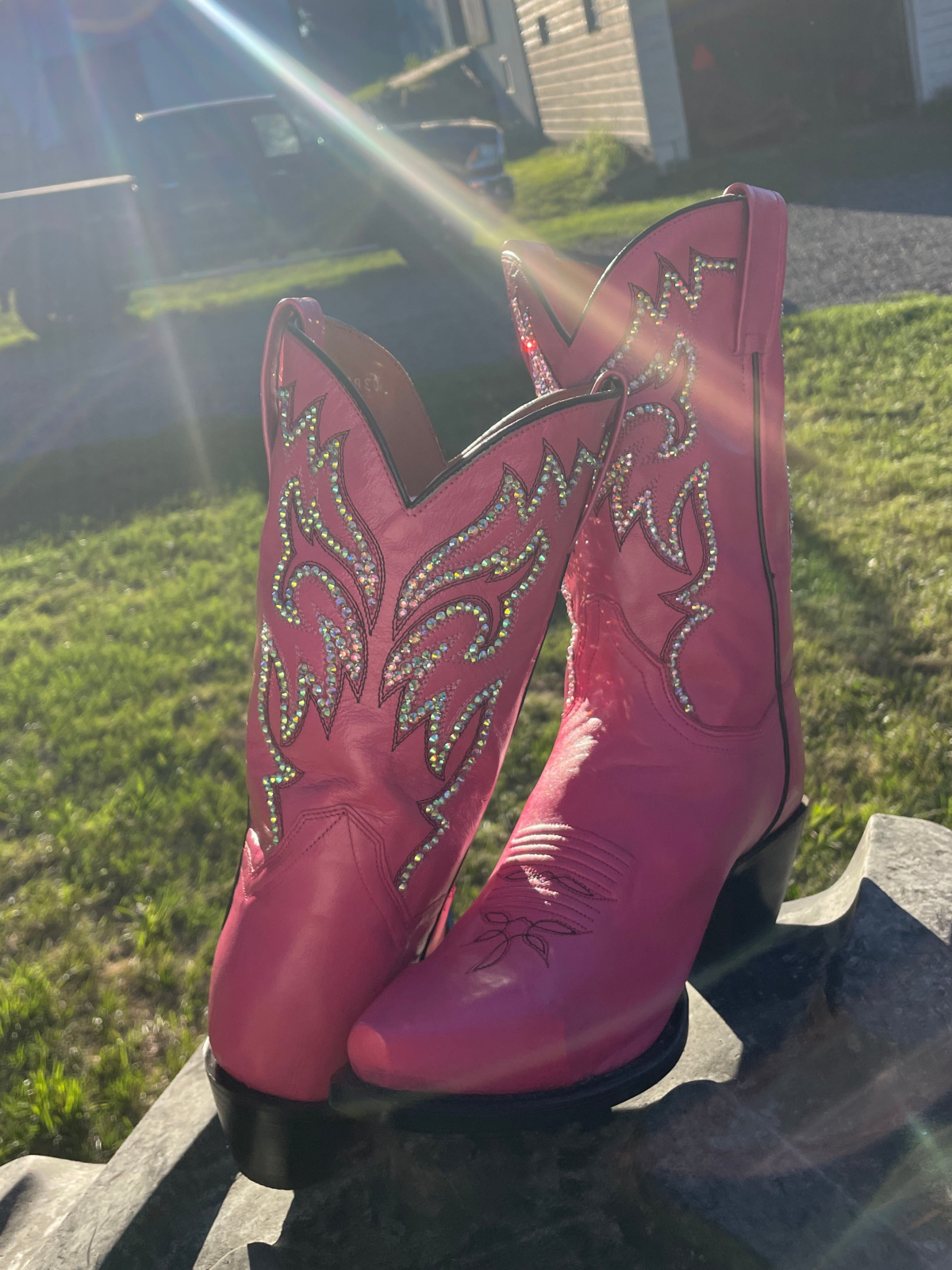 Hot Pink Rhinestone Embroidery Snip-Toe Wide Mid Calf Cowgirl Boots