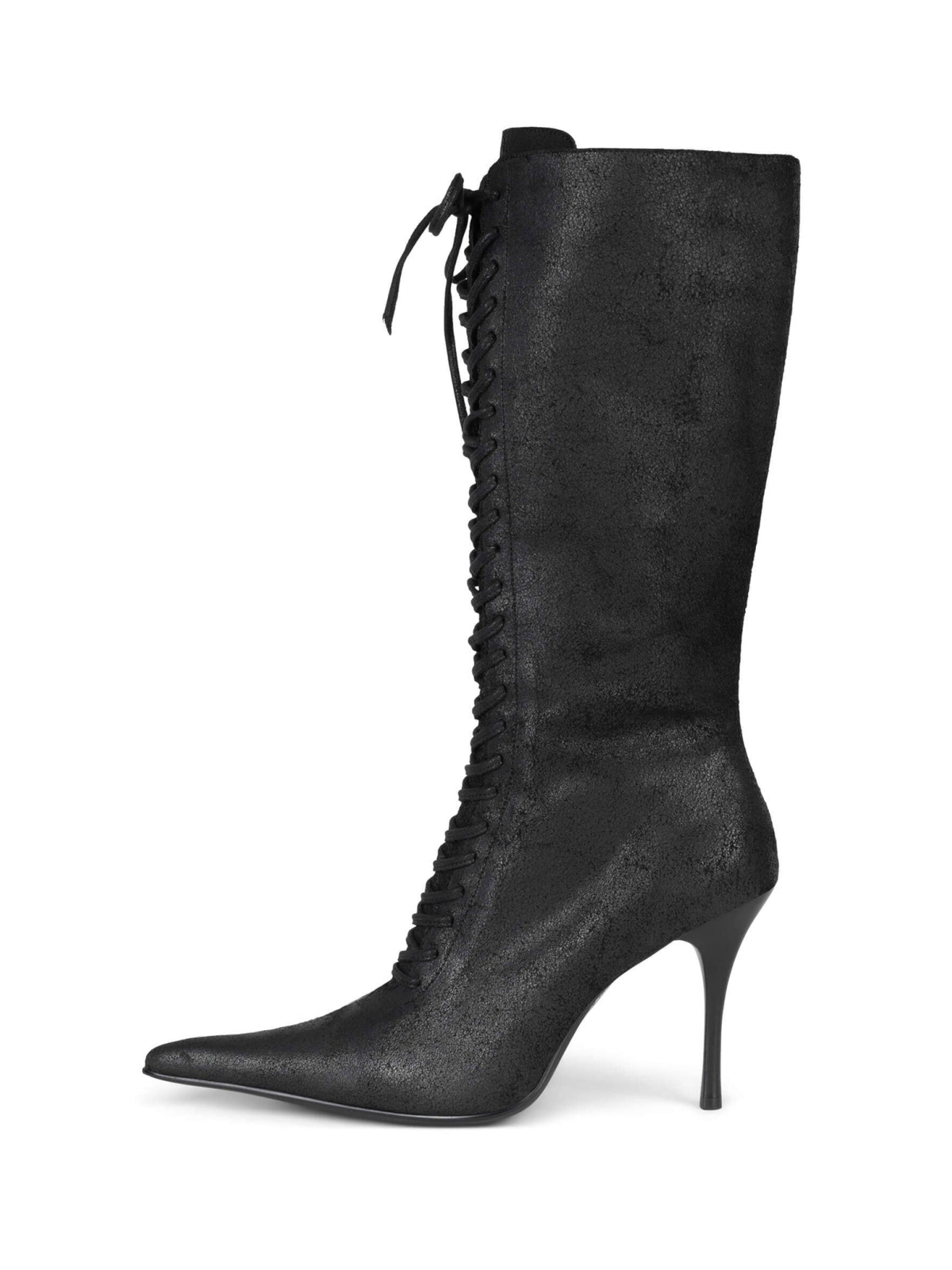 Distressed Black Pointed-Toe Lace-Up Full-Zip Mid Calf Stiletto Boots