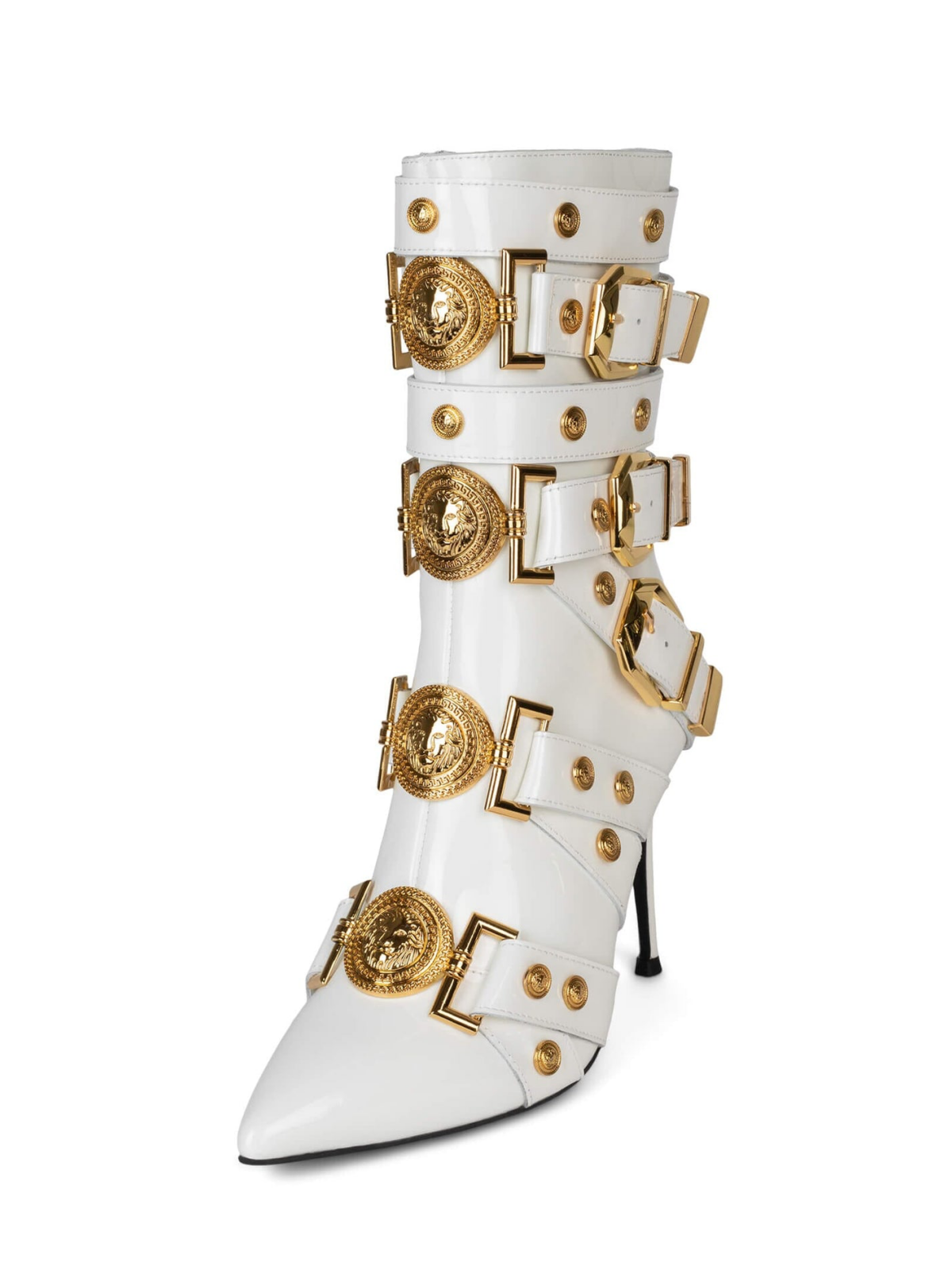 Patent White Pointed-Toe Full-Zip Strappy Buckled Mid Calf Stiletto Boots With Gold Lion Emblems