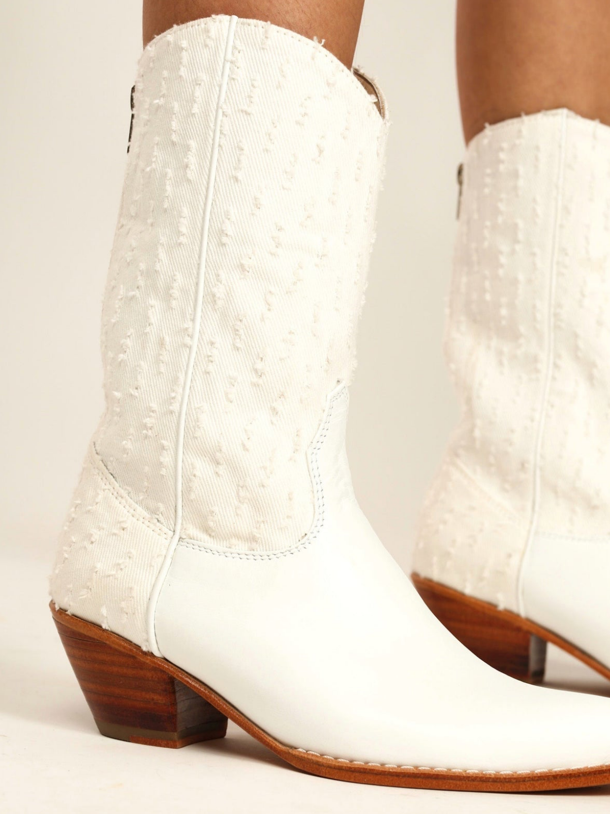 White Denim And Vegan Leather Almond-Toe Back-Zip Mid Calf Cowgirl Boots