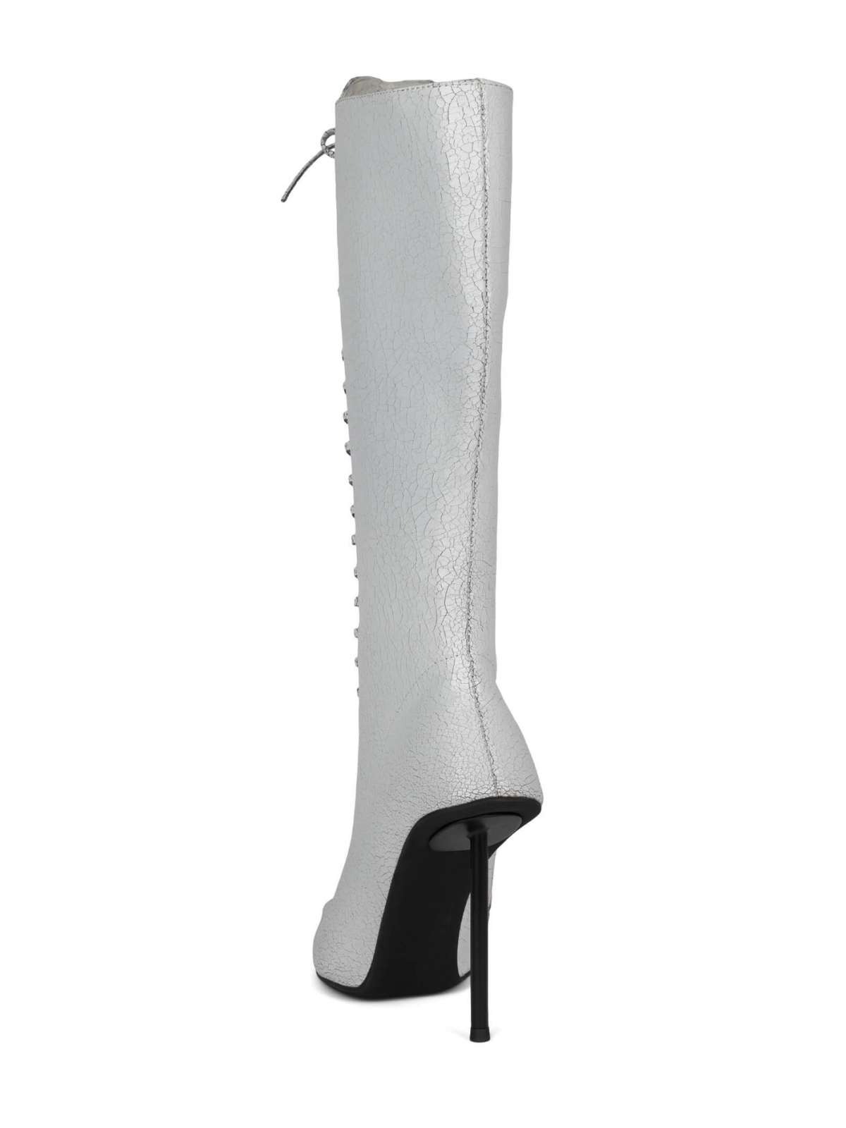 Distressed White Lace-Up Pointed-Toe Full-Zip Tall Mid Calf Stiletto Boots