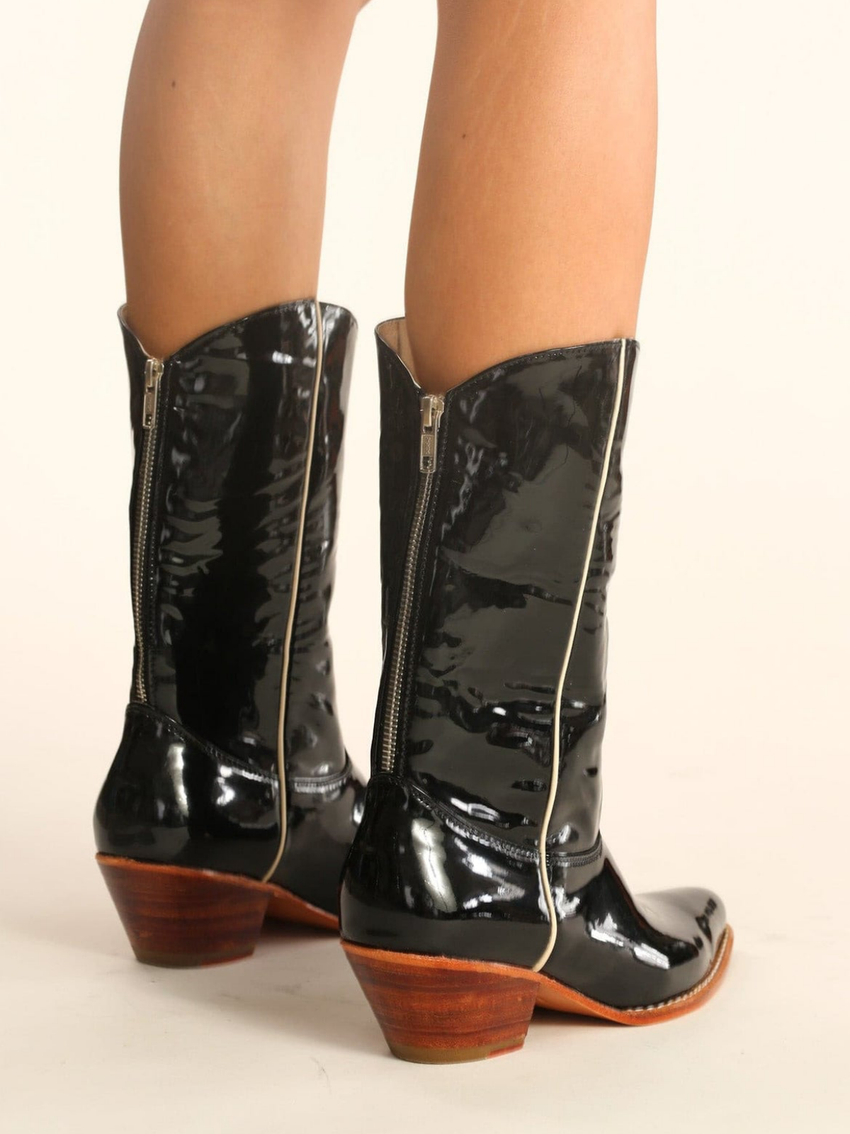 Black Patent Leather Almond-Toe Back-Zip Mid Calf Cowgirl Boots