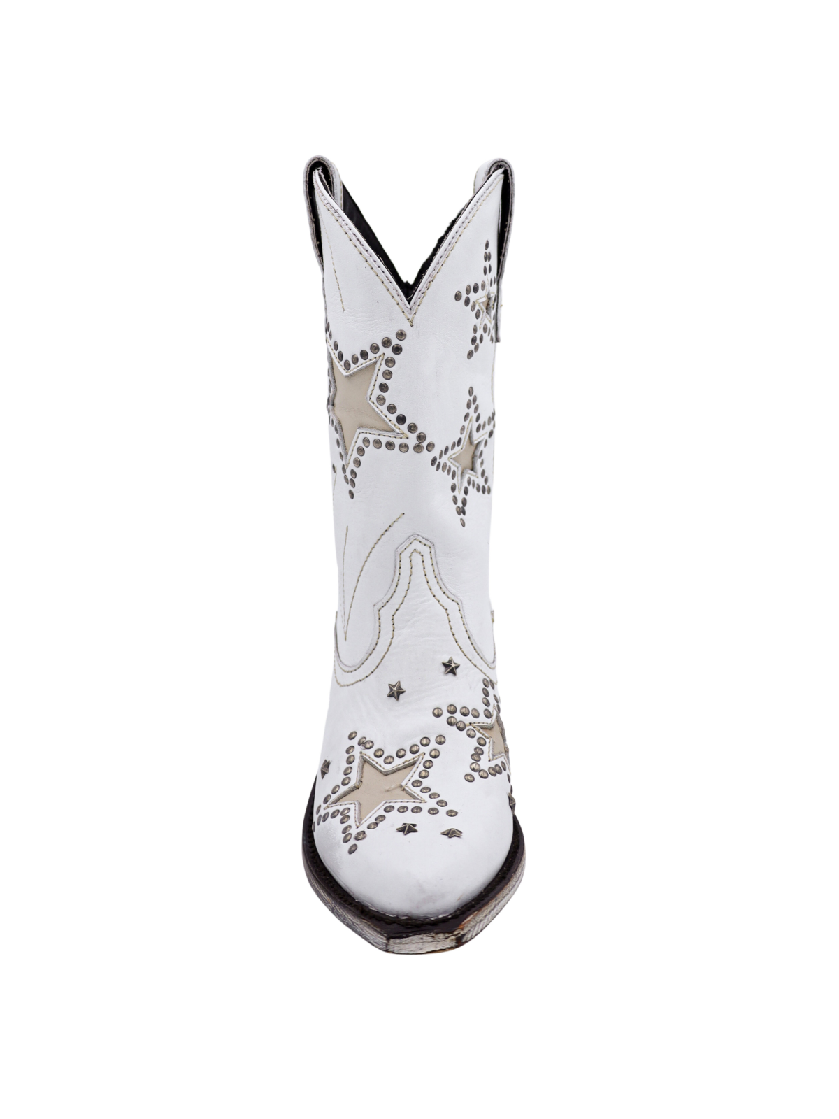 White Almond-Toe Faux Suede Star Inlay And Applique Studded Wide Mid Calf Cowgirl Boots