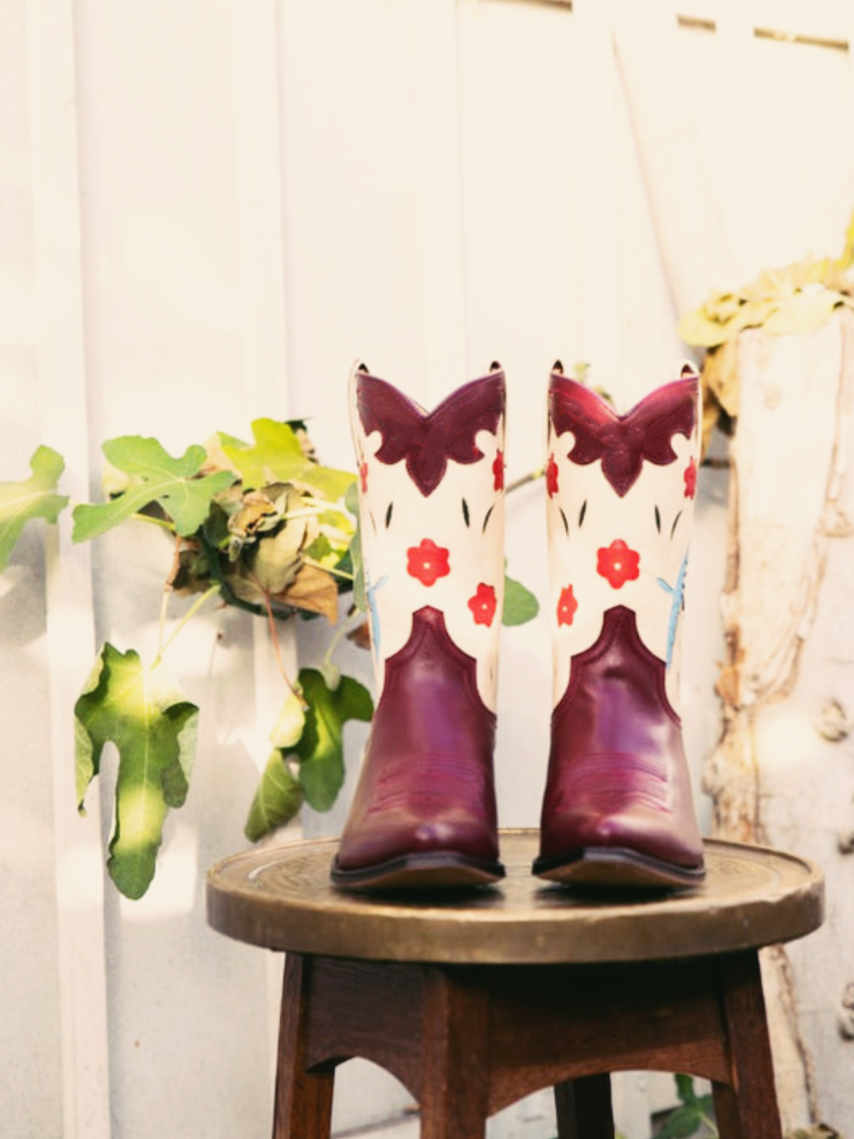 Contrast Maroon And Ivory Pointed-Toe Wide Mid Calf Cowgirl Boots With Flower Inlay