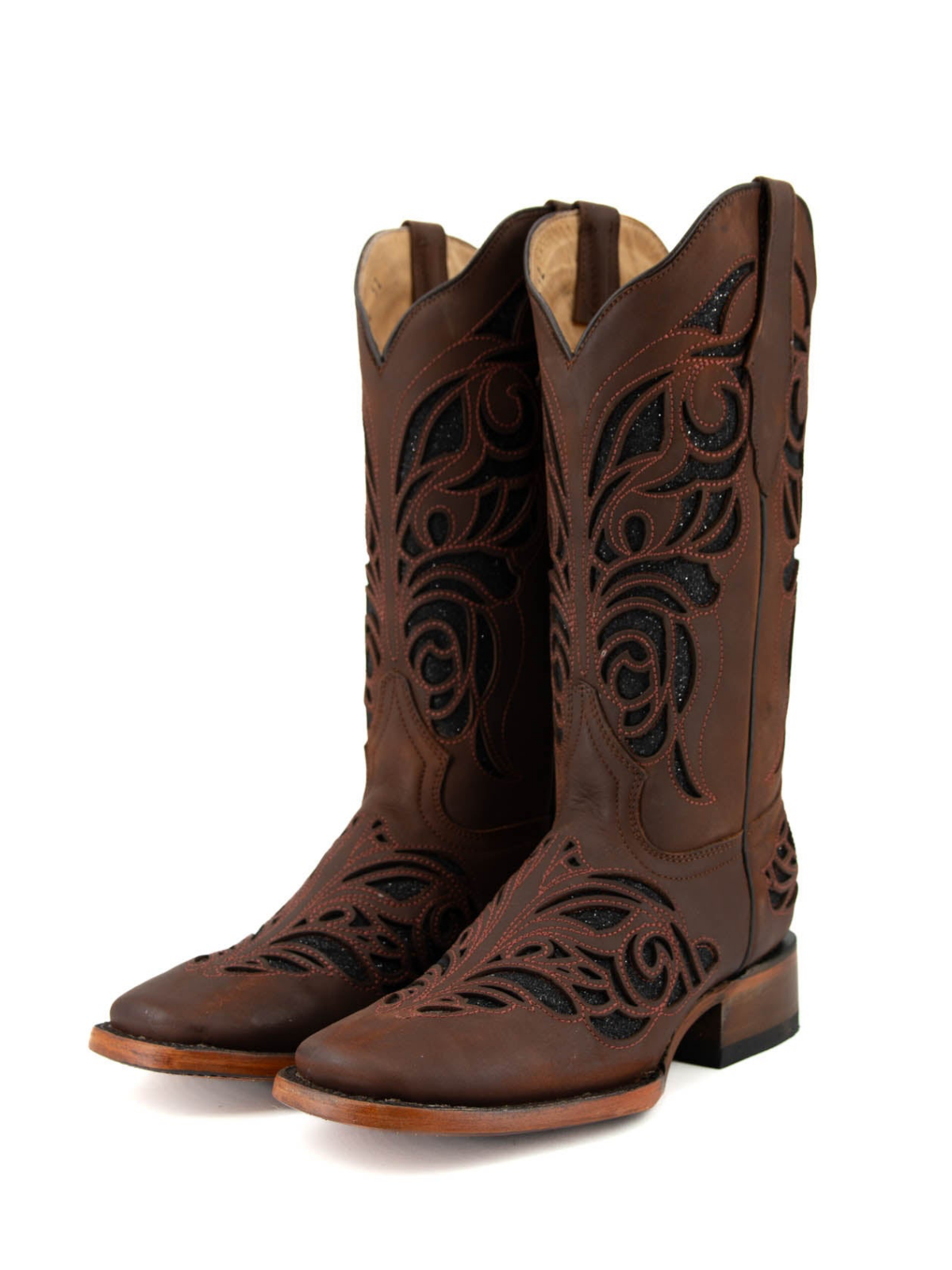 Dark Brown Square-Toe Inlay Giltter Wide Mid Calf Cowgirl Boots