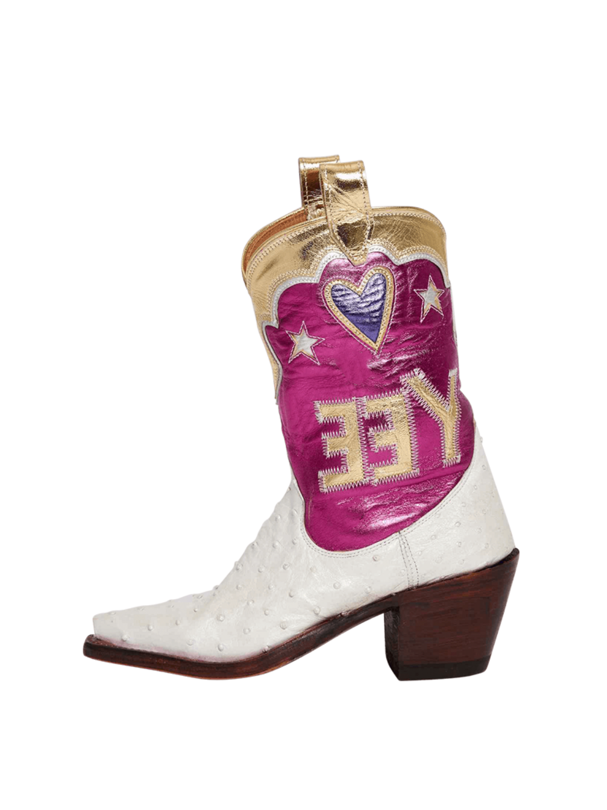 Contrast Tri-Color Ostrich-Textured And Metallic Vegan Leather Heart Star Letter Inlay Cowgirl Boots - Magenta