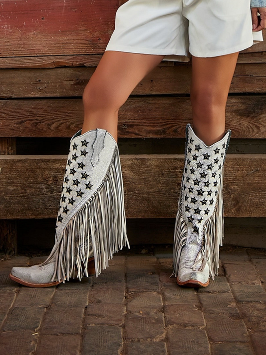 White Crinkle Star Studs Blue Inlay Fringe Snip-Toe Wide Mid Calf Tall Cowgirl Boots