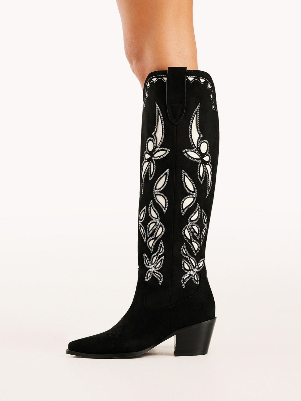 Black Faux Suede Snip-Toe Embroidery And Inlay Wide Calf Tall Knee High Cowgirl Boots