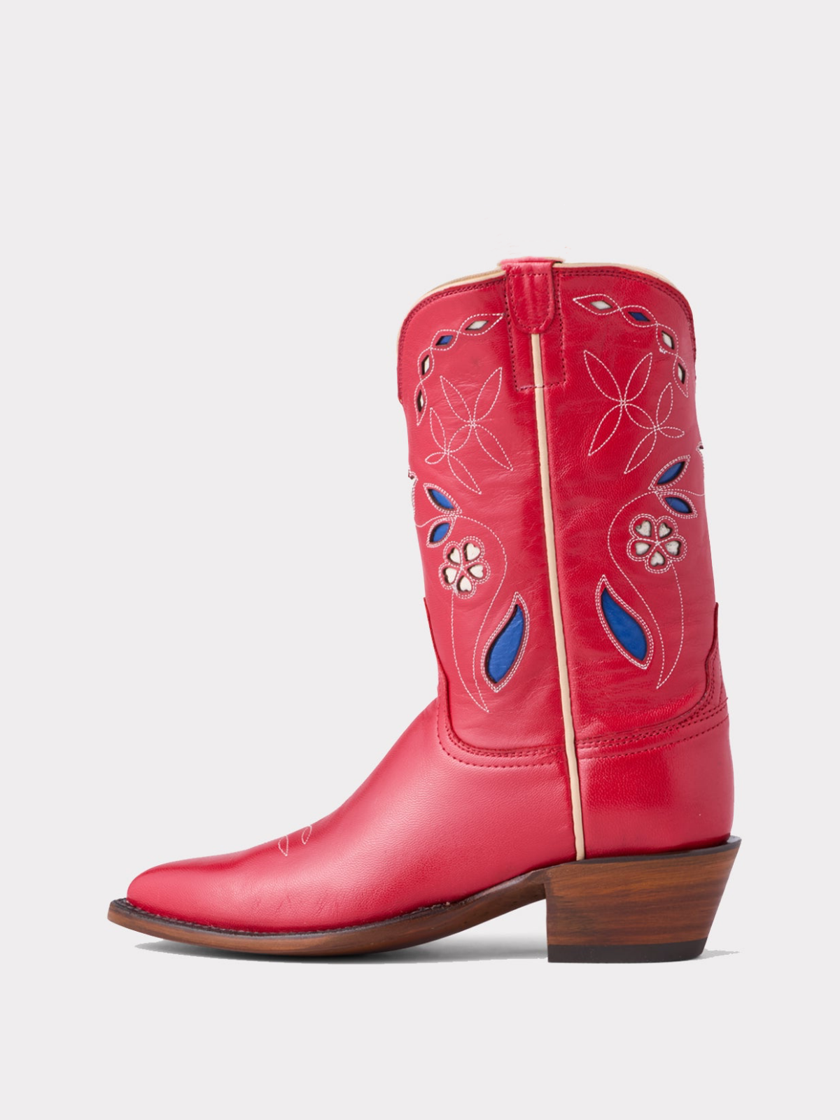 Cherry Red Pointed-Toe Embroidery Floral Inlay Wide Mid Calf Cowgirl Boots