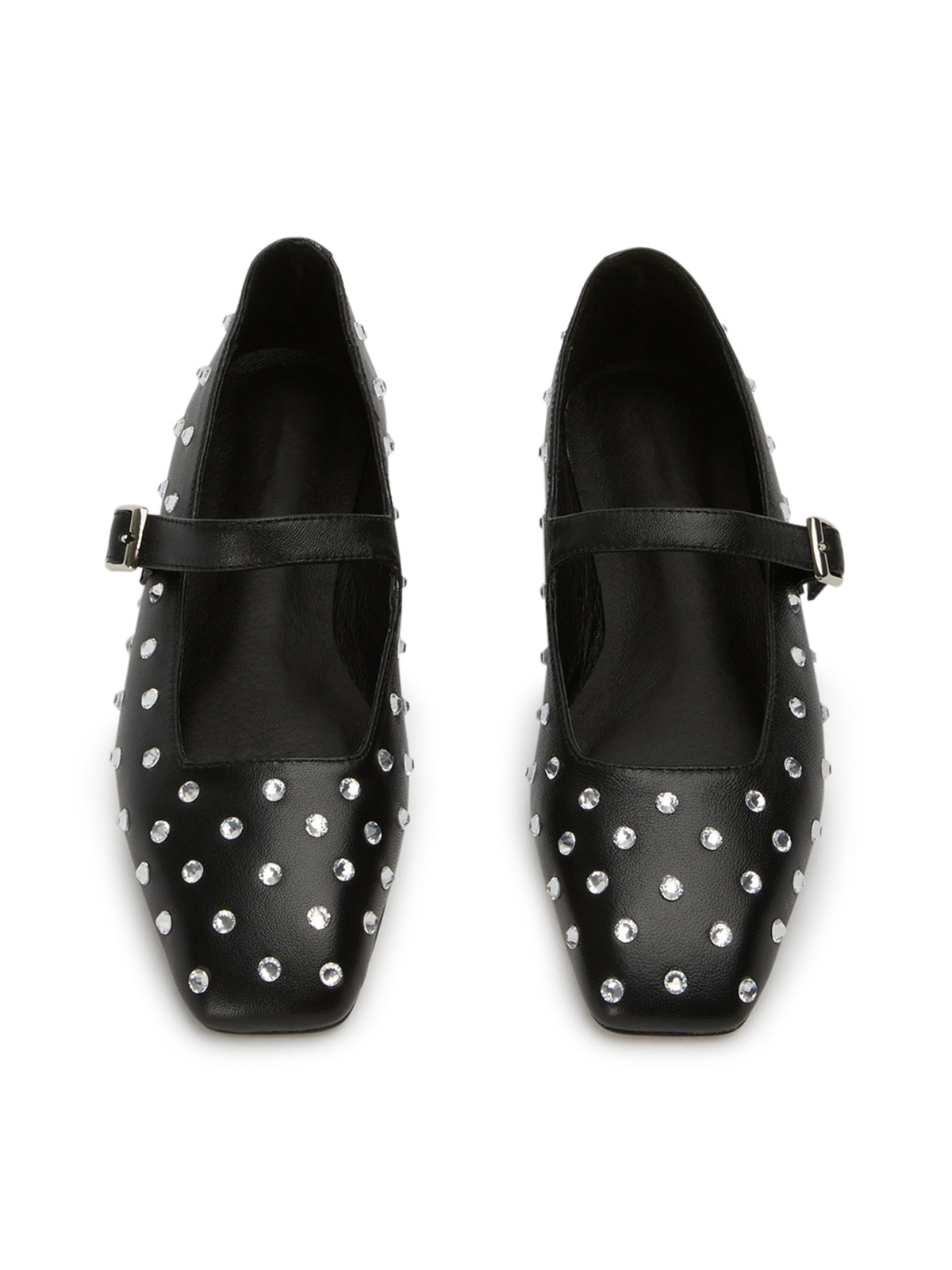 Black Sparkle Rhinestone Square-Toe Ballet Flats Mary Janes With Buckled Strap