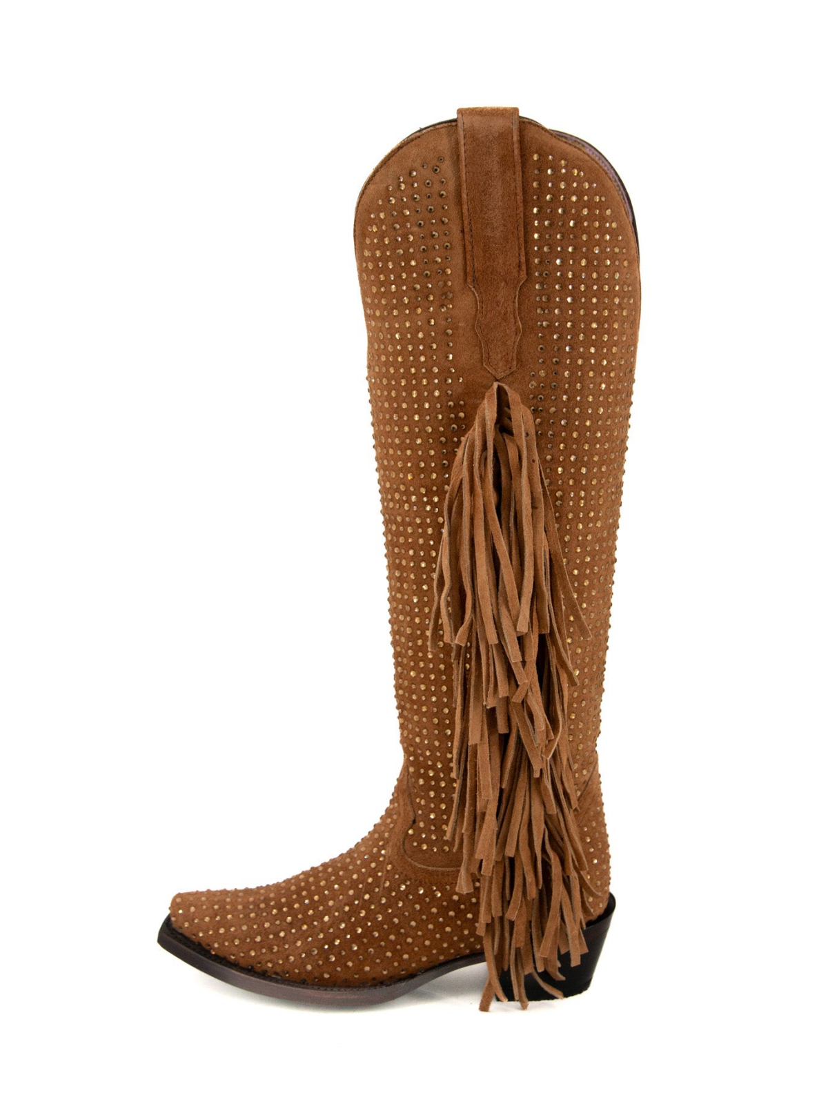 Brown Faux Suede Snip-Toe Half-Zip Fringe Rhinestone Knee High Tall Cowgirl Boots