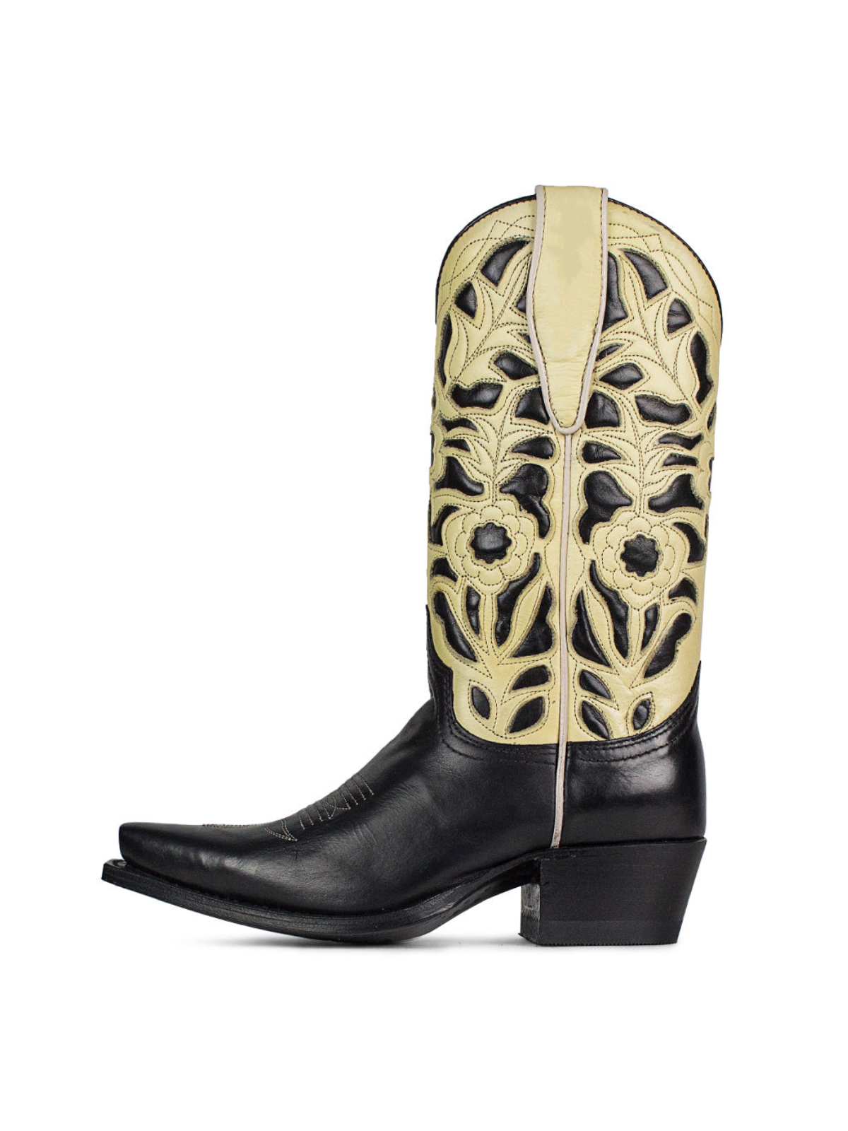 Contrast Black And Beige Snip-Toe Floral Inlay Embroidery Wide Mid Calf Cowgirl Boots