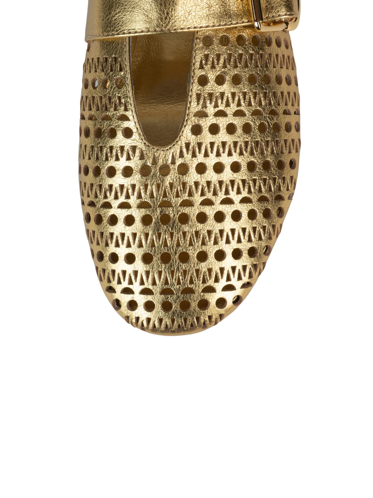 Metallic Gold Perforated Flats Cutout Mary Janes With Buckled Strap