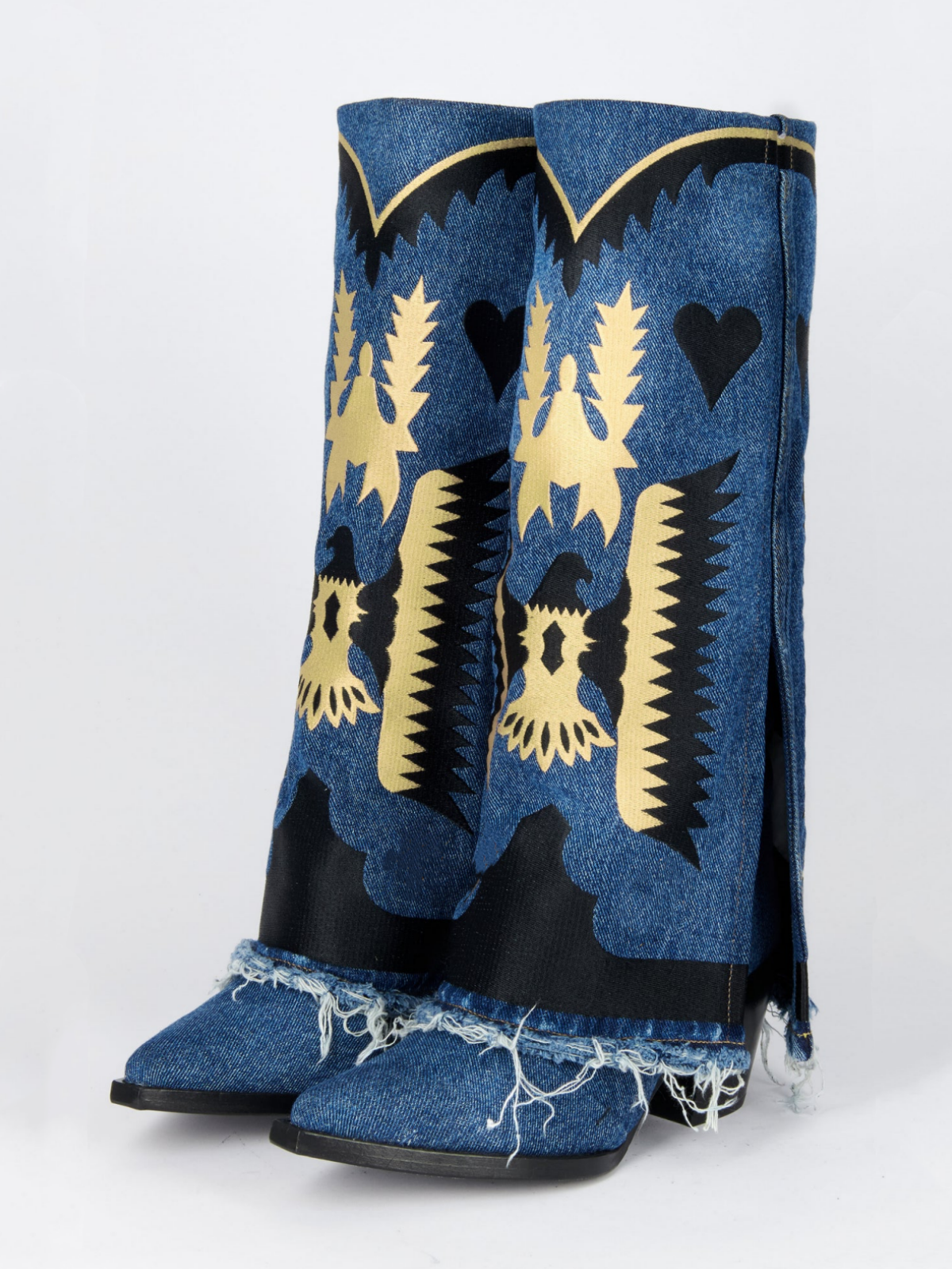 Blue Denim Fold-Over Panel Embroidered With Eagle And Heart Wide Mid Calf Boots