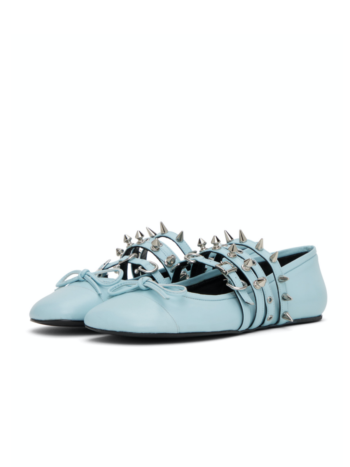 Sky Blue Bow Spike Strappy Square-Toe Ballet Flats Mary Janes