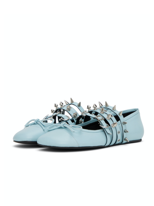 Sky Blue Bow Spike Strappy Square-Toe Ballet Flats Mary Janes