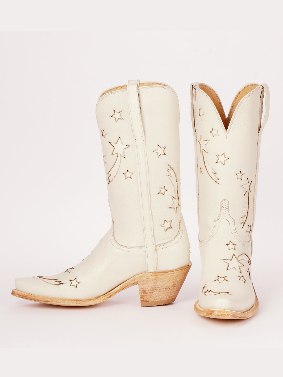 Cream Snip-Toe Wide Mid Calf Western Boots Cowgirl Tall Boots With Star Inlay