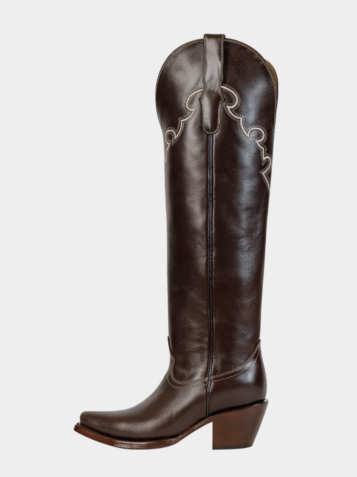 Coffee Brown Snip-Toe Embroidery Wide Calf Tall Knee High Cowgirl Boots