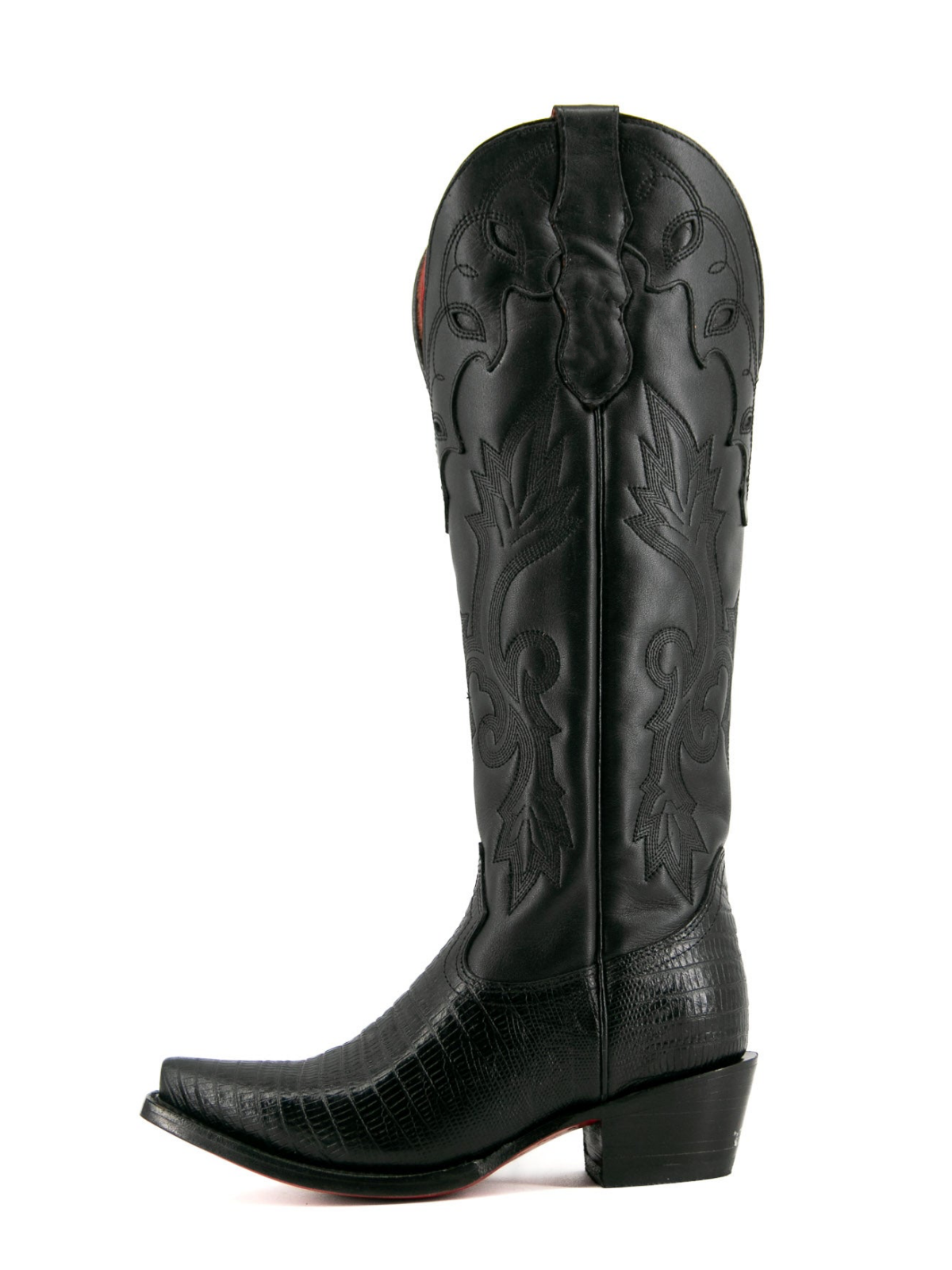 Black Contrast Vegan Leather And Lizard-Embossed Vegan Leather Snip-Toe Embroidery Half-Zip Knee High Cowgirl Boots