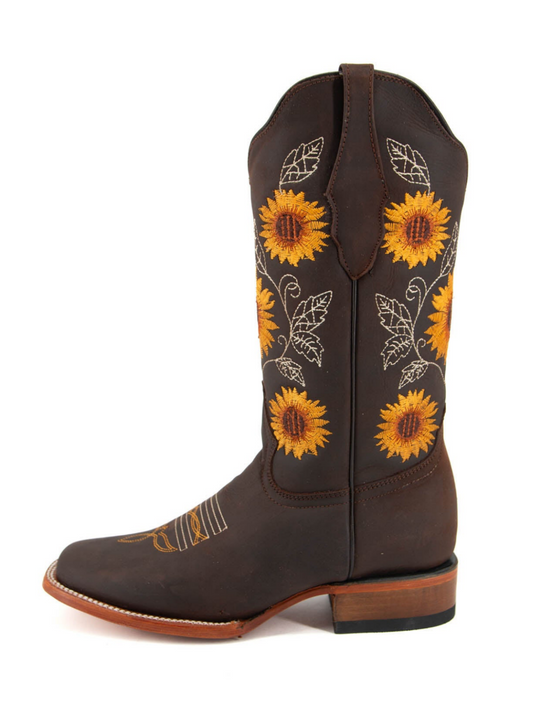 Cafe Square-Toe Sunflower Embroidery Wide Mid Calf Cowgirl Boots