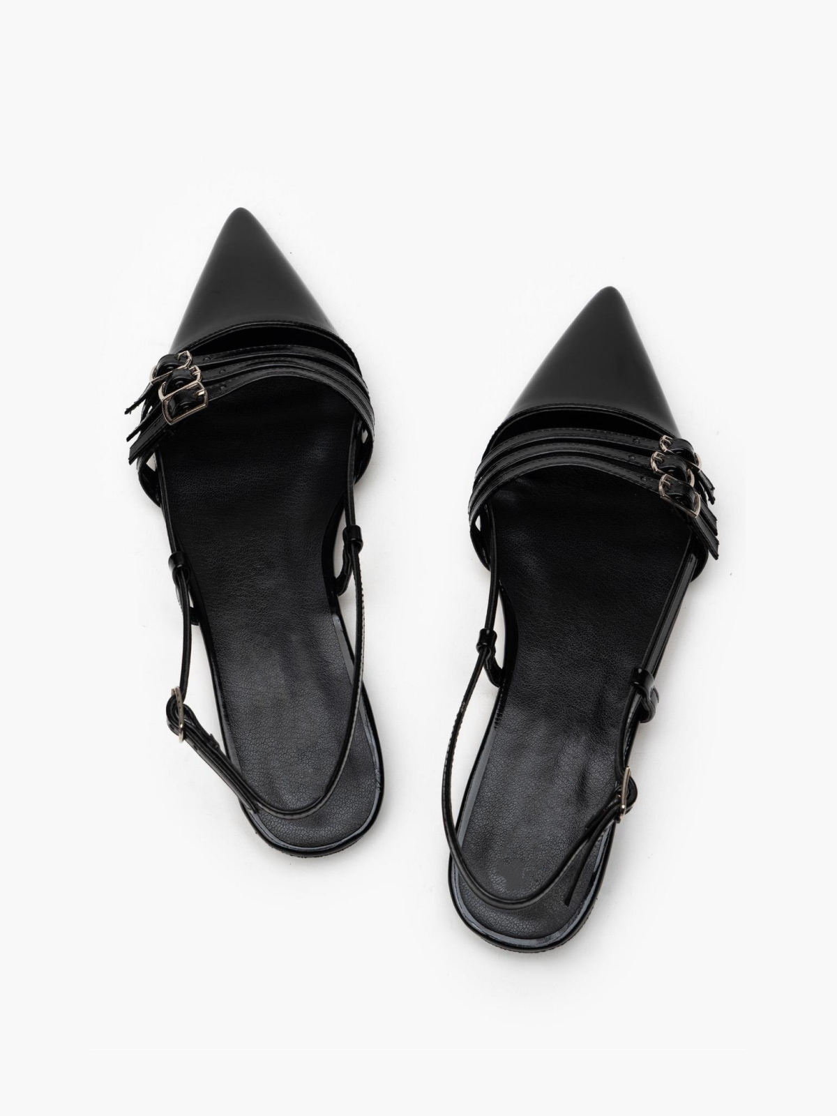 Black Patent Pointy Ballet Flats Slingbacks With Tripple Parallel Straps