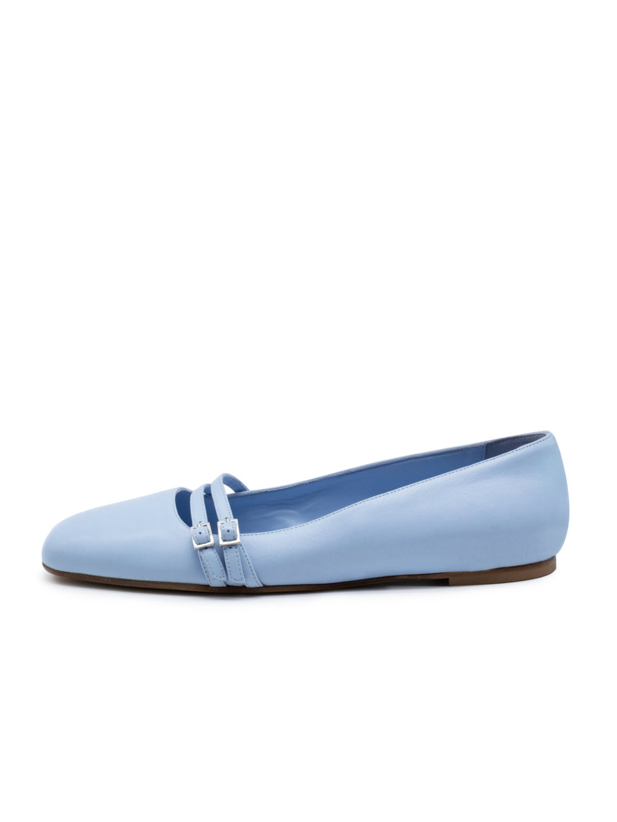 Blue Square Toe Ballet Flats With Double Buckled Strap