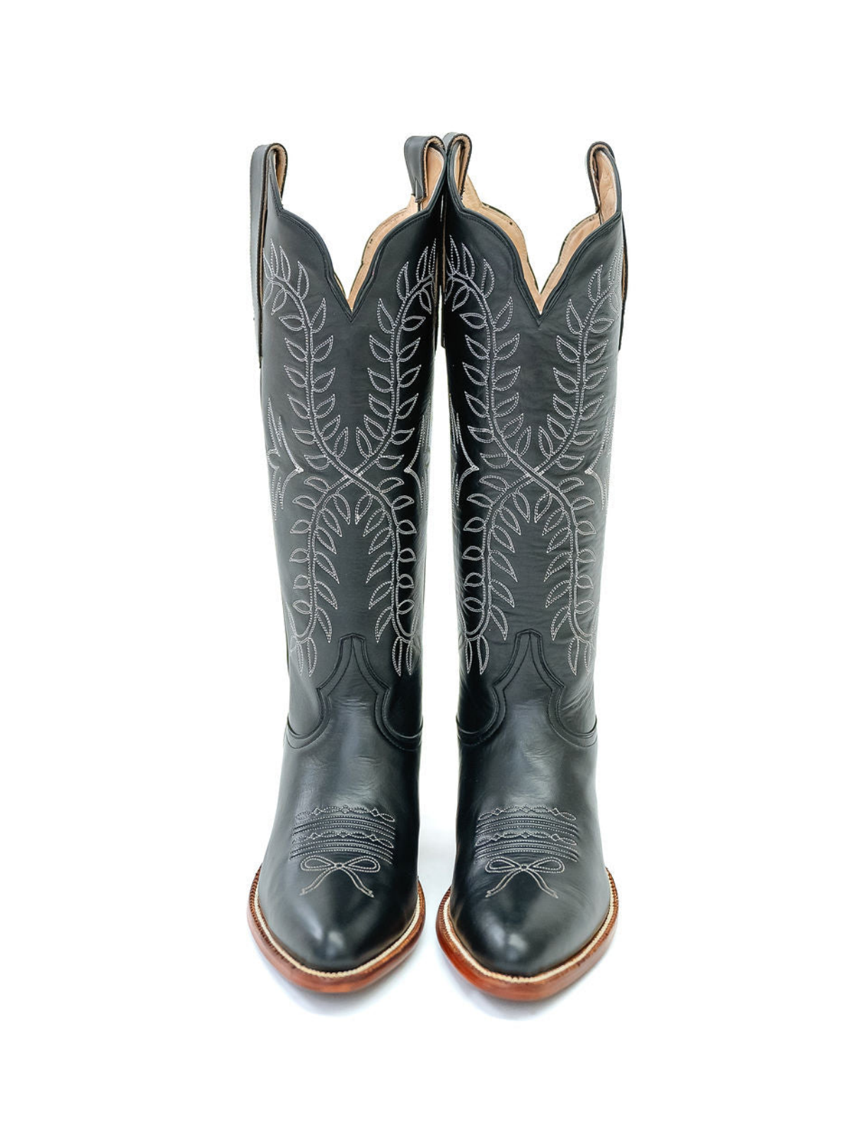 Black Almond-Toe Classic Leaves Embroidery Wide Mid Calf Cowgirl Boots