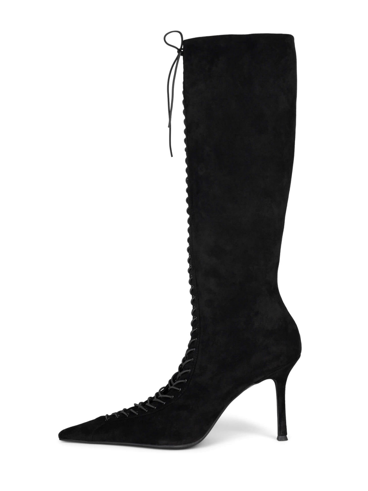 Black Faux Suede Full-Zip Pointed-Toe Mid Calf Stiletto Boots With Lace-Up