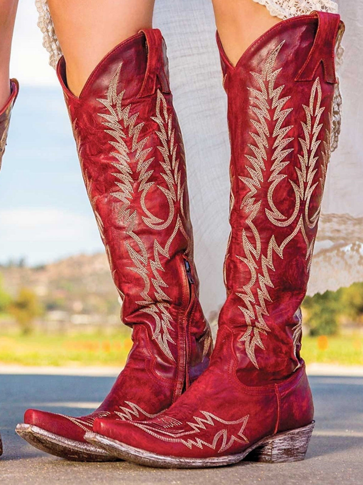 Embroidery Half-Zip Snip-Toe Tall Knee High Cowgirl Boots - Red