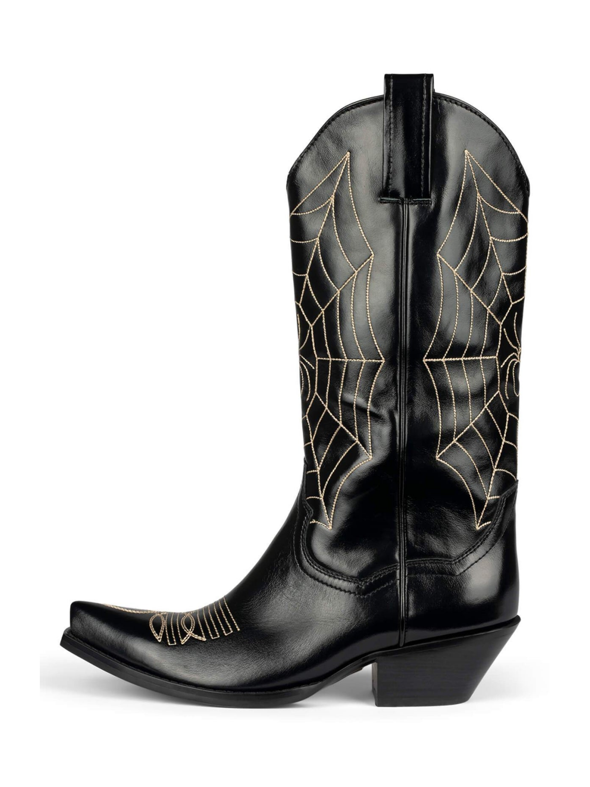 Black Snip-Toe Spider Web Embroidery Wide Mid Calf Tall Cowgirl Boots