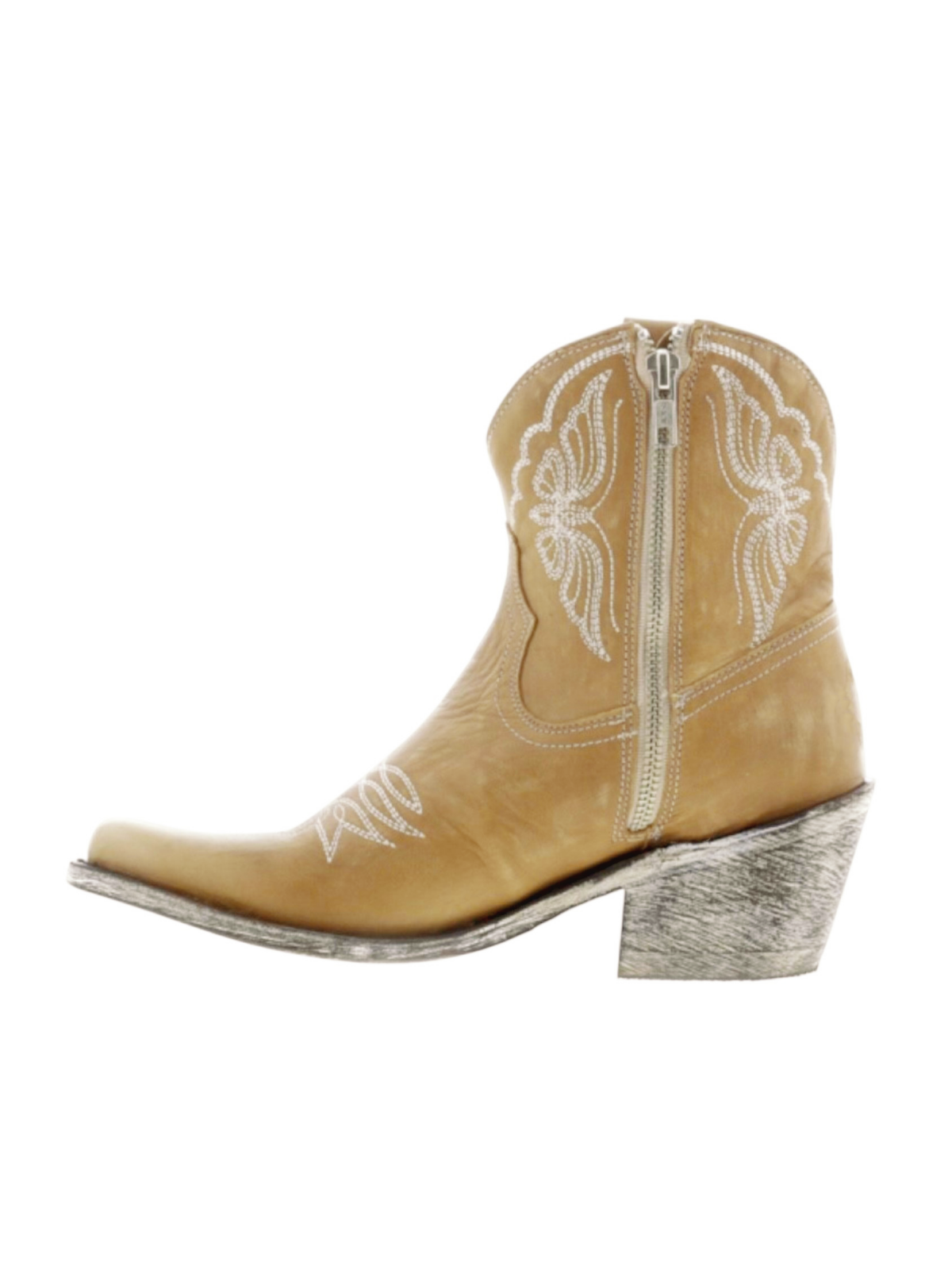 Butterfly Embroidery Almond-Toe Full-Zip Ankle Booties - Bone