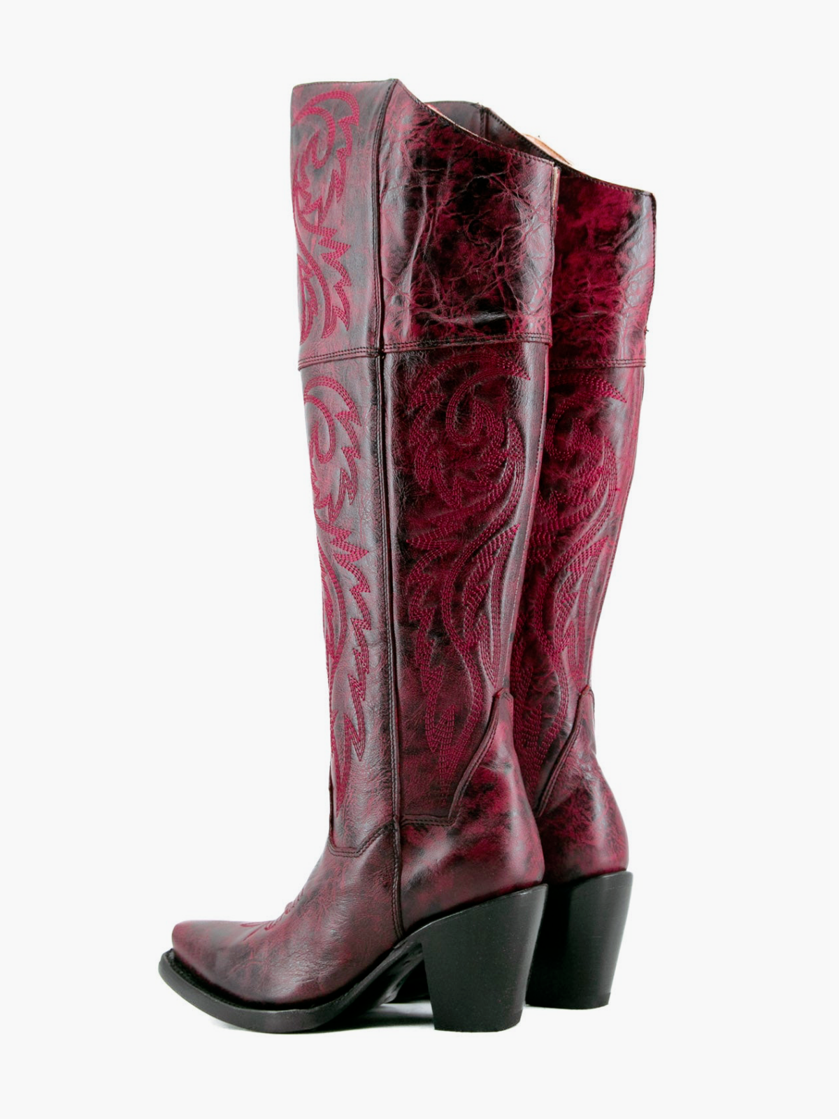 Distressed Snip-Toe Embroidery Tall Half-Zip Knee High Cowgirl Boots - Wine Red