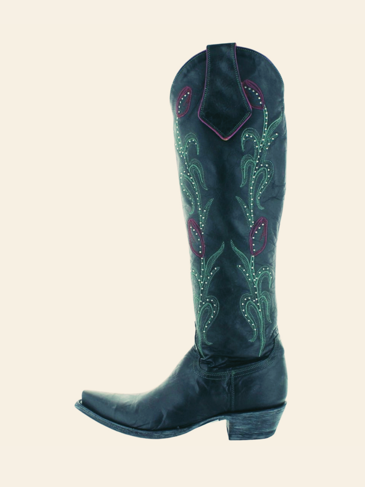 Black Crinkle Floral Embroidery Rhinestone Snip-Toe Half-Zip Knee High Western Boots Cowgirl Tall Boots