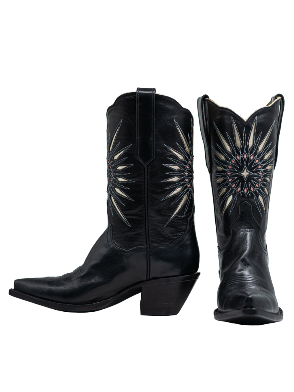 Black Starburst Inlay Snip-Toe Wide Mid Calf Cowgirl Boots