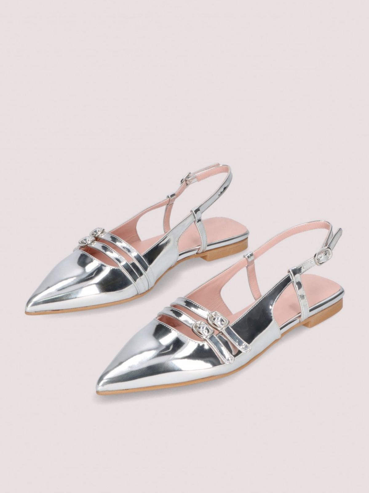 Metallic Silver Pointy Buckled Strappy Slingback Ballet Flats