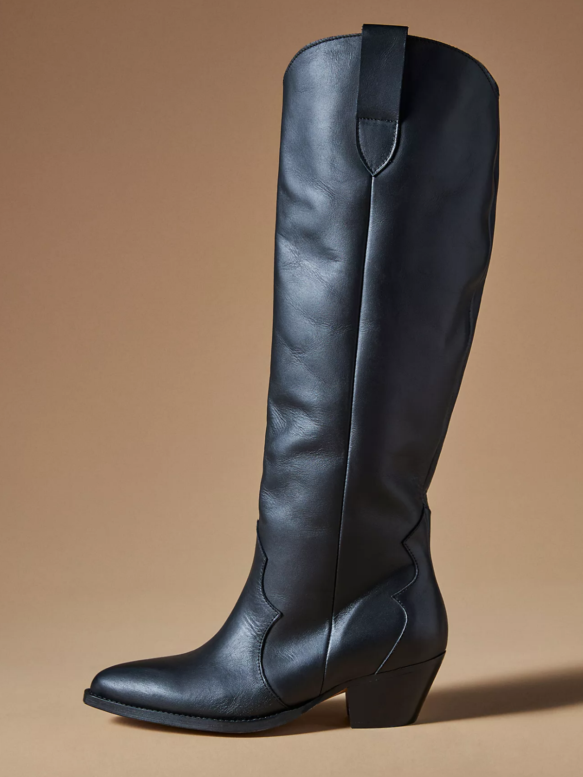 Black Vegan Leather Almond-Toe Wide Mid Calf Western Boots For Women