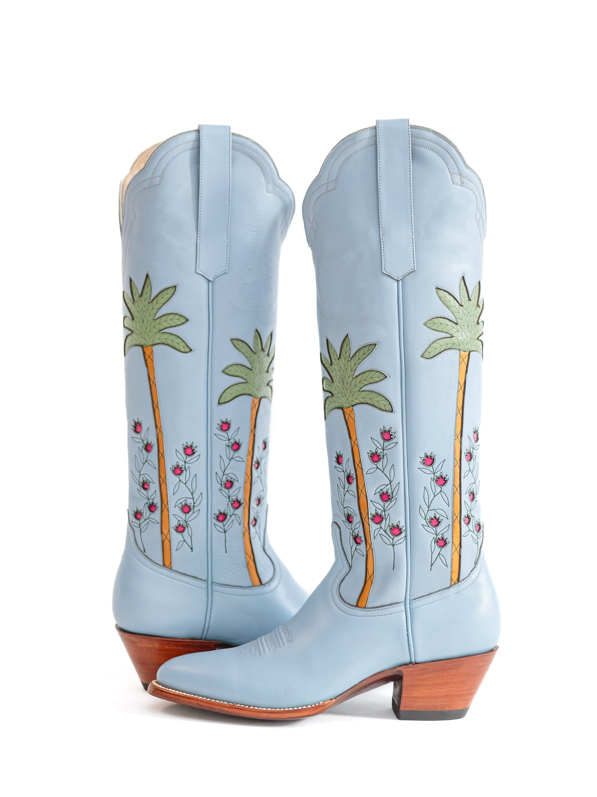 Powder Blue Almond-Toe Palm And Flowers Inlay Wide Calf Tall Knee High Cowgirl Boots