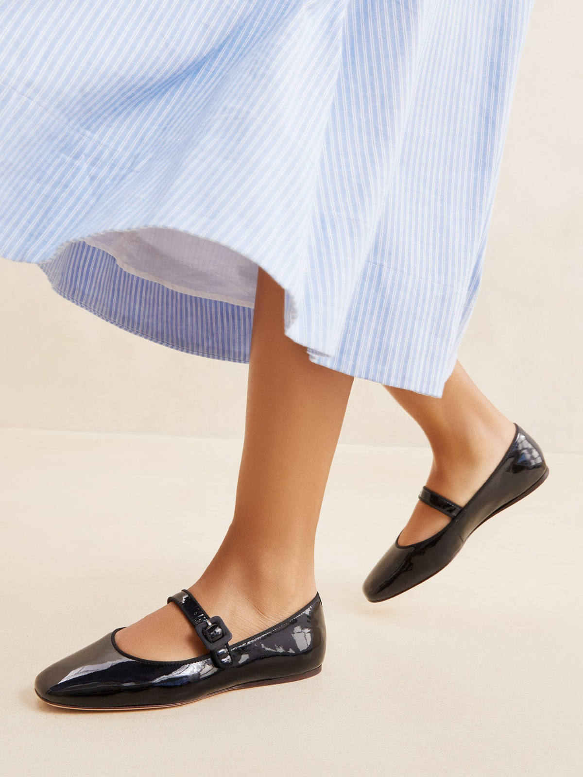 Patent Black Square-Toe Adjustable Bridge Strap Mary Janes Ballet Flats