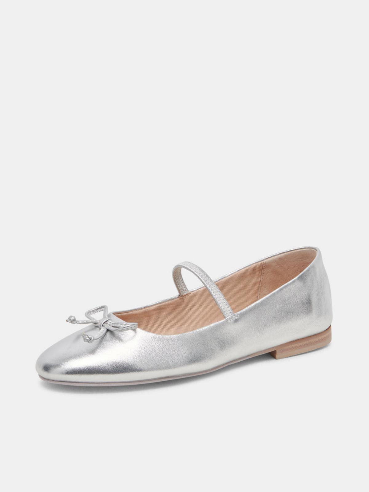 Metallic Silver Bow Round-Toe Ballet Flats Elastic Strap Mary Janes