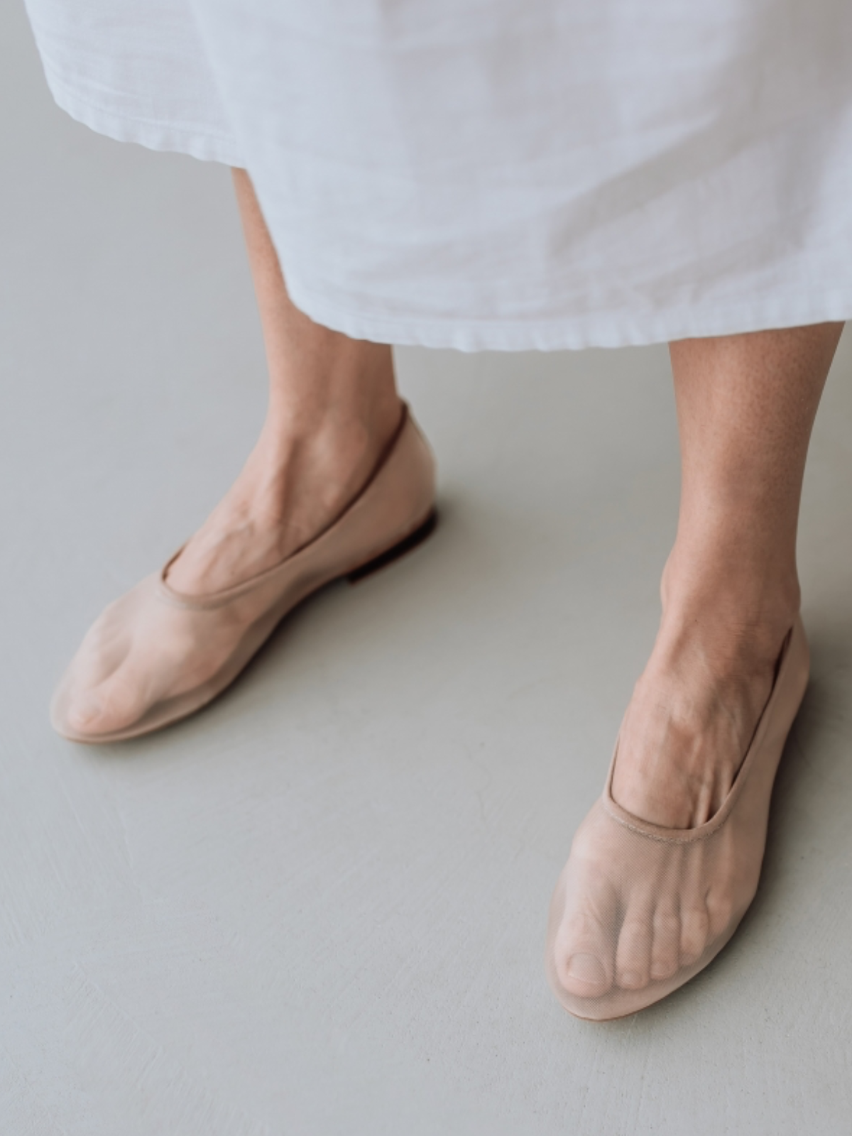 Round-Toe Slip-On Ballet Flats in Beige Mesh