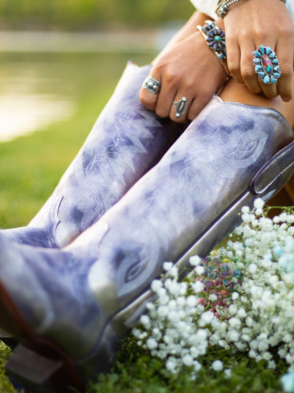 Metallic Lavender Snip-Toe Embroidery Wide Mid Calf Cowgirl Boots