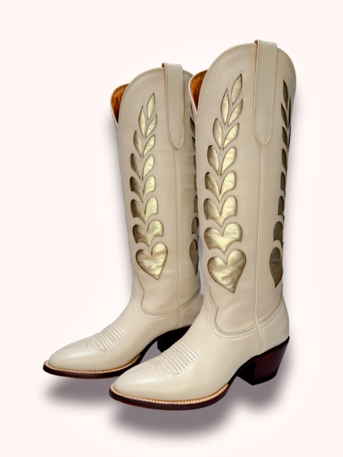 Metallic Heart Inaly And Applique Almond-Toe Wide Mid Calf Tall Cowgirl Boots - Bone