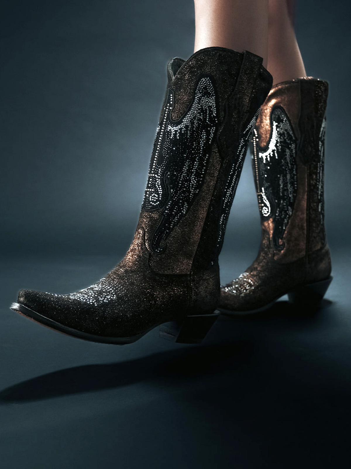 Metallic Bronze Snip-Toe Studded Rhinestone Wide Mid Calf Tall Cowgirl Boots