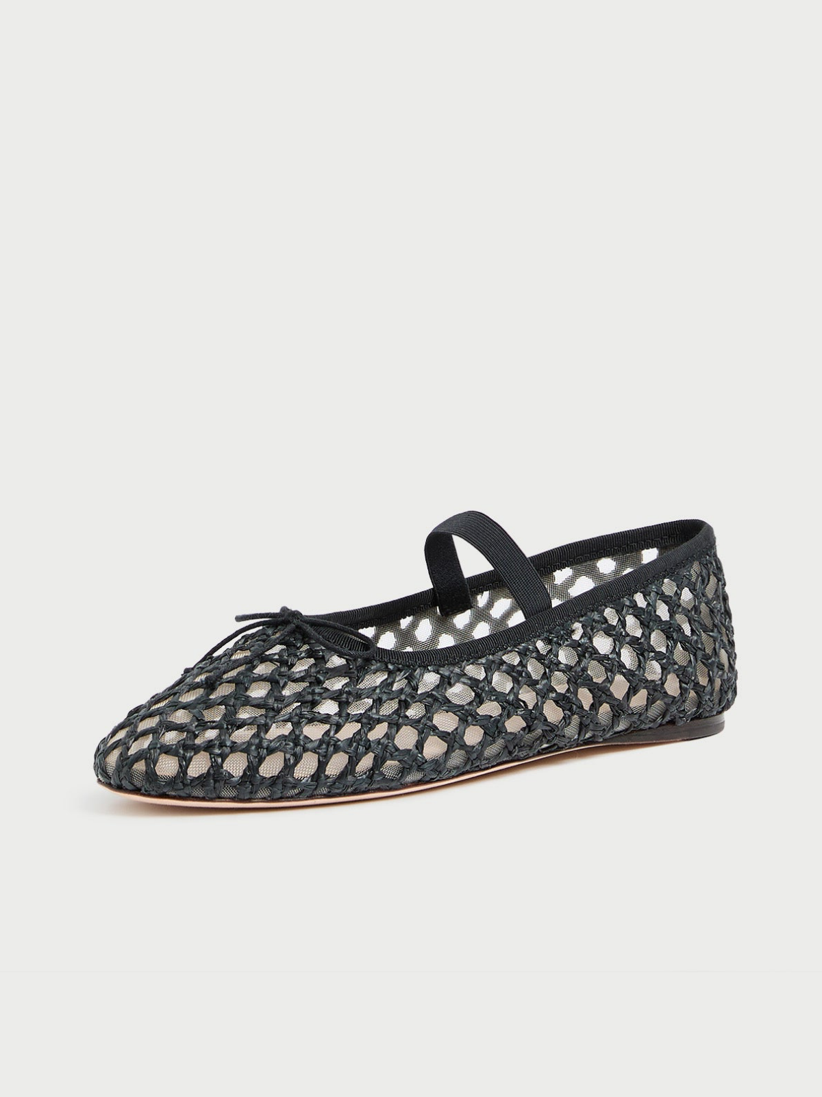 Black Almond-Toe Straw-Woven Elastic Bridge Strap Bow Mesh Ballet Flats